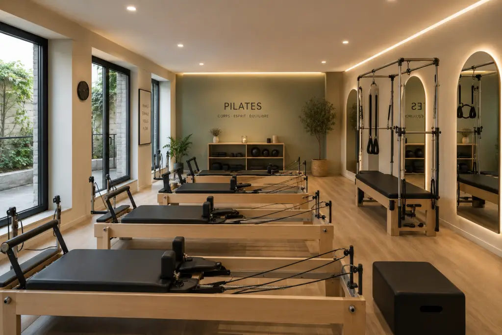 Studio de Pilates moderne avec reformers en bois
